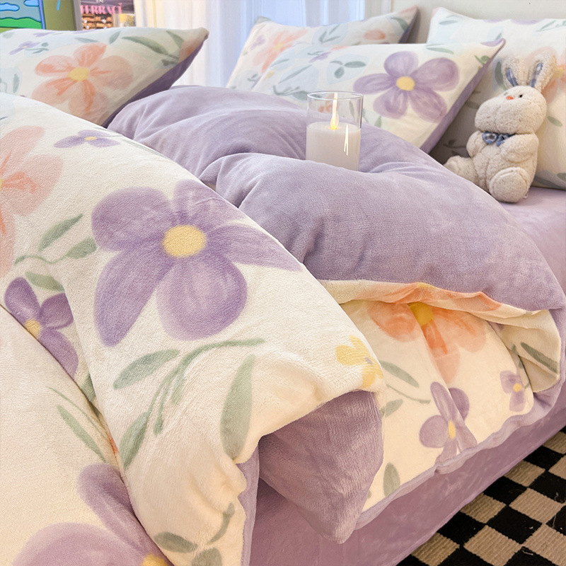Juego de cuatro piezas de cama gruesa de terciopelo de leche otoño e invierno más funda de edredón de terciopelo sábana de dormitorio de terciopelo de coral juego de tres piezas nuevo