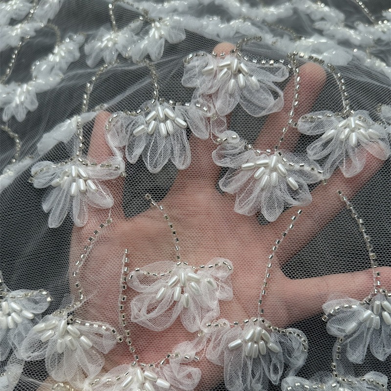 Flores de cuentas de arroz bordadas de verano tela bordada vestido tridimensional moda danza vestido de cena tela de encaje