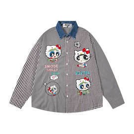 纵驰衣社卡通刺绣拼接长袖衬衫男女款秋季宽松休闲慵懒风衬衣外套