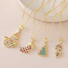 跨境新品铜镶彩锆圣诞树雪人袜子权杖吊坠项链时尚简约锁骨链批发