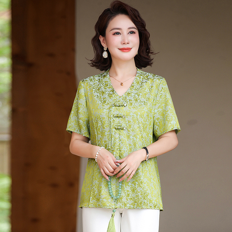 Dropshipping Mom Summer Short-Sleeve T-Shirt Fashion Age-Reducing Middle-Aged Women's Summer Elegant V-Neck Top