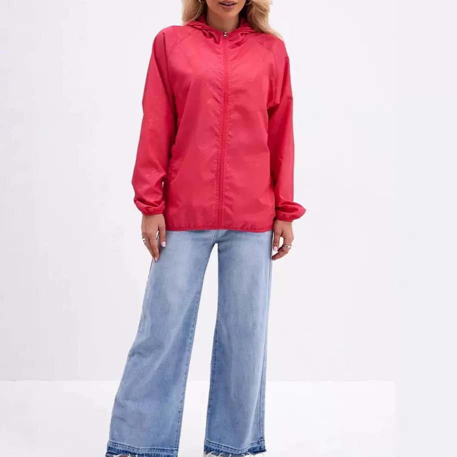 欧美秋季纯色连帽开衫冲锋衣透气运动防晒服轻薄风衣外套跨境女装