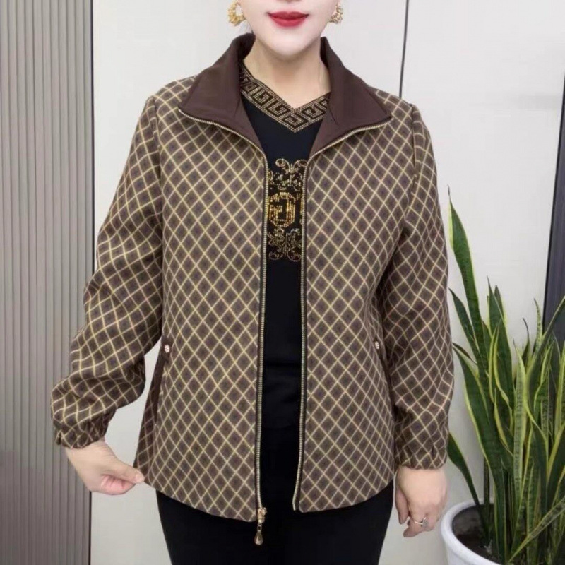 春秋加衬里翻领上衣妈妈装时尚格子拉链长袖双兜中老年女装短外套