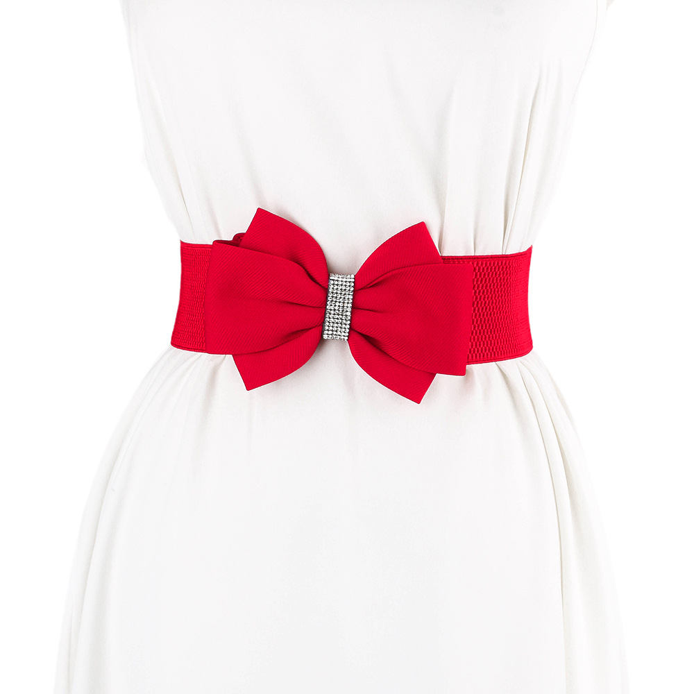 Ceinture décorative à nœud papillon avec jupe, ceinture large élastique rouge incrustée de diamants pour femmes, taille polyvalente amincissante_voghion.com