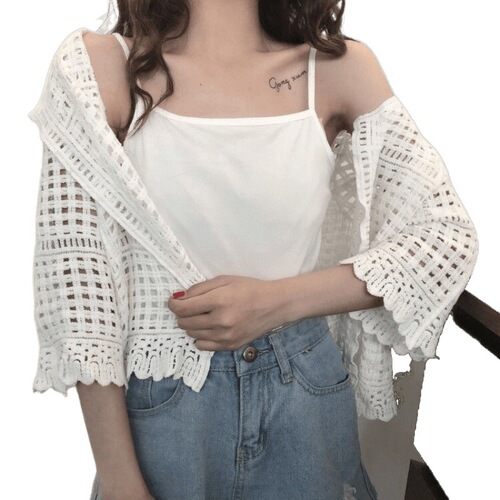 Lace air-conditioned coat, openwork sun-protective cardigan, women's summer pairing with camisole dress, long-sleeved shawl, small bolo tie, thin