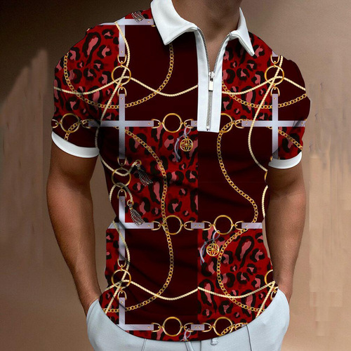 2024夏秋季新款男装链条图案3D数码印花拉链polo衫一件代发