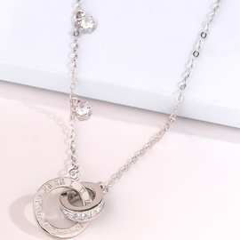s925银双圆环环相扣项链女韩版时尚轻奢气质镶钻罗马文锁骨链