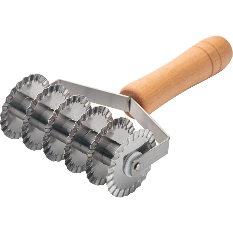 Wooden Handle Stainless Steel Mesh Knife Pizza Cake Lace Interface Knife Six-wheel Pizza Roller Knife Baking Tool