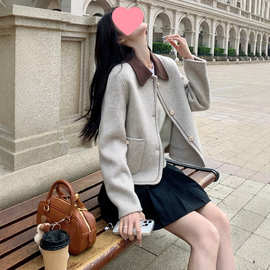 高级感超好看短款小香风翻领双面羊绒外套女秋冬巴恩风毛呢厚夹克