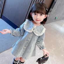 女童花邊牛仔風衣秋季年新款韓國女童單排扣亞馬遜大衣純色批發