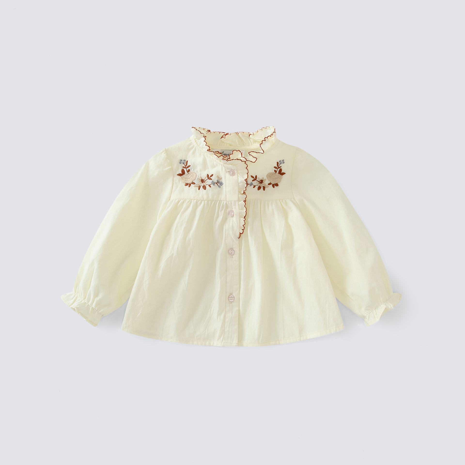 Spot camisa de niña 2024 otoño francés exquisito bordado camisa de manga larga estilo occidental cuello de hongo camisa de bebé algodón