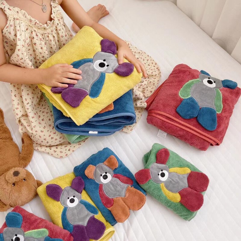 Popular cartoon bear high density coral fleece towel bath towel suit three-dimensional embroidery patch children's blanket printed logo