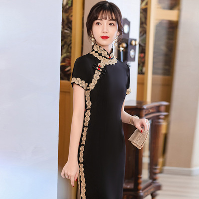 Rea black lace Chinese Dresses Retro oriental Qipao Cheongsam dress for women girls elegant black jacquard restoring ancient ways cheongsam