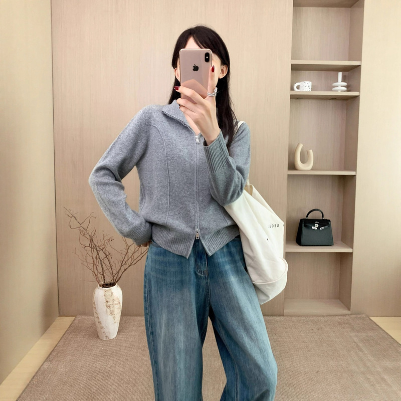 100%绵羊毛双拉头高领毛衣外套女宽松简约休闲拉链针织开衫外穿款|undefined