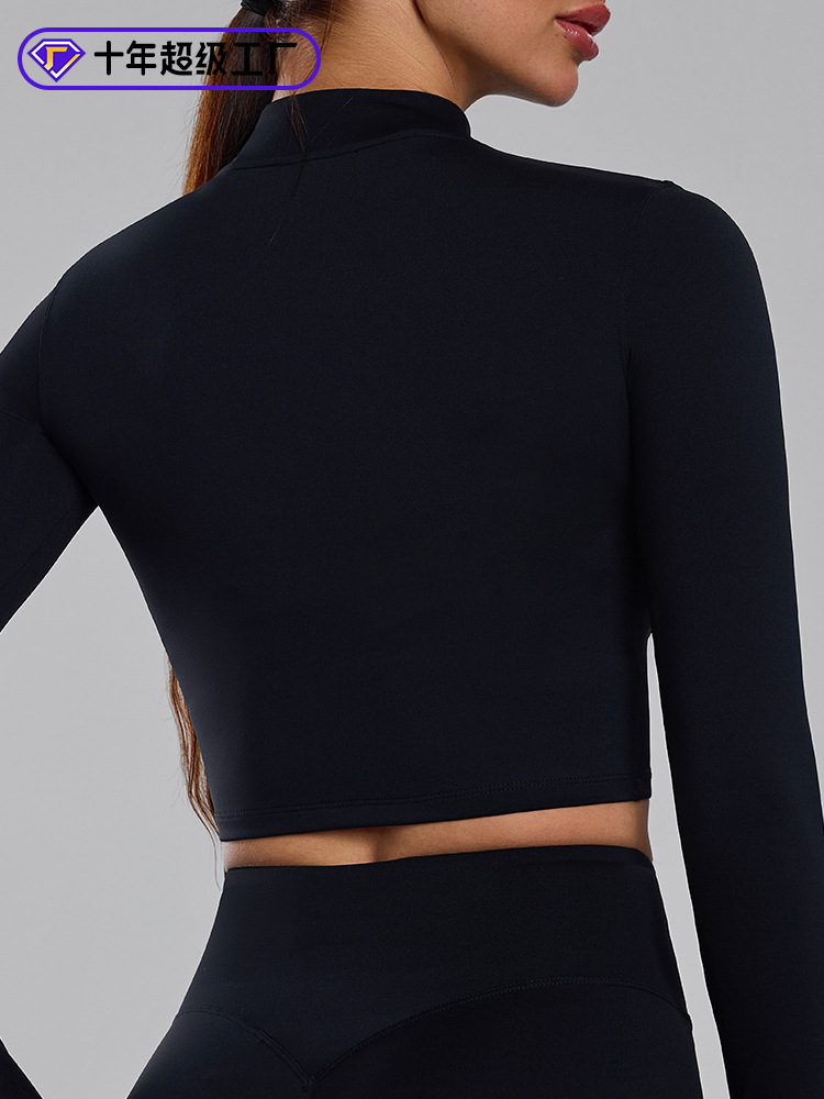 Cárdigan con cremallera con cuello alto transfronterizo europeo y americano, ropa deportiva de manga larga con agujero para el pulgar, ropa de yoga desnuda delgada, mujer de manga larga otoño e invierno