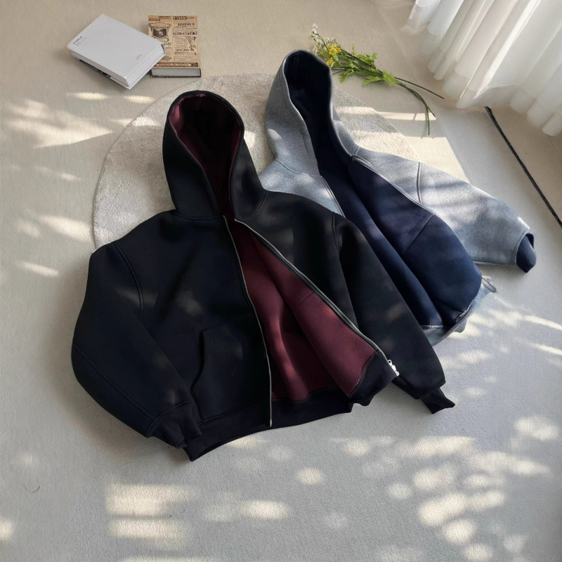 Super Heavy 1200g Hooded Sweatshirt Jacket with Air Layer, Double-Sided Zipper Cardigan, Loose Casual Korean Style Top