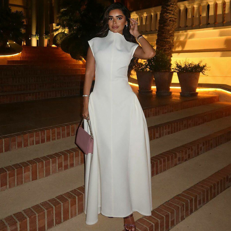 European and American style cross-border women's autumn new solid color sleeveless fashion elegant dress slim pleated long dress