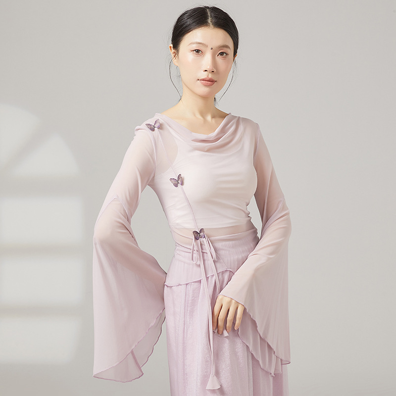 New Style Classical Dance Costume with a Fairy-Like Elegance, Flowing Collar, Mesh Top, and Ethereal Chinese Dance Performance Practice Outfit New Style Classical Dance Costume with a Fairy-Like Elegance, Flowing Collar, Mesh Top, and Ethereal Chinese Dance Performance Practice Outfit