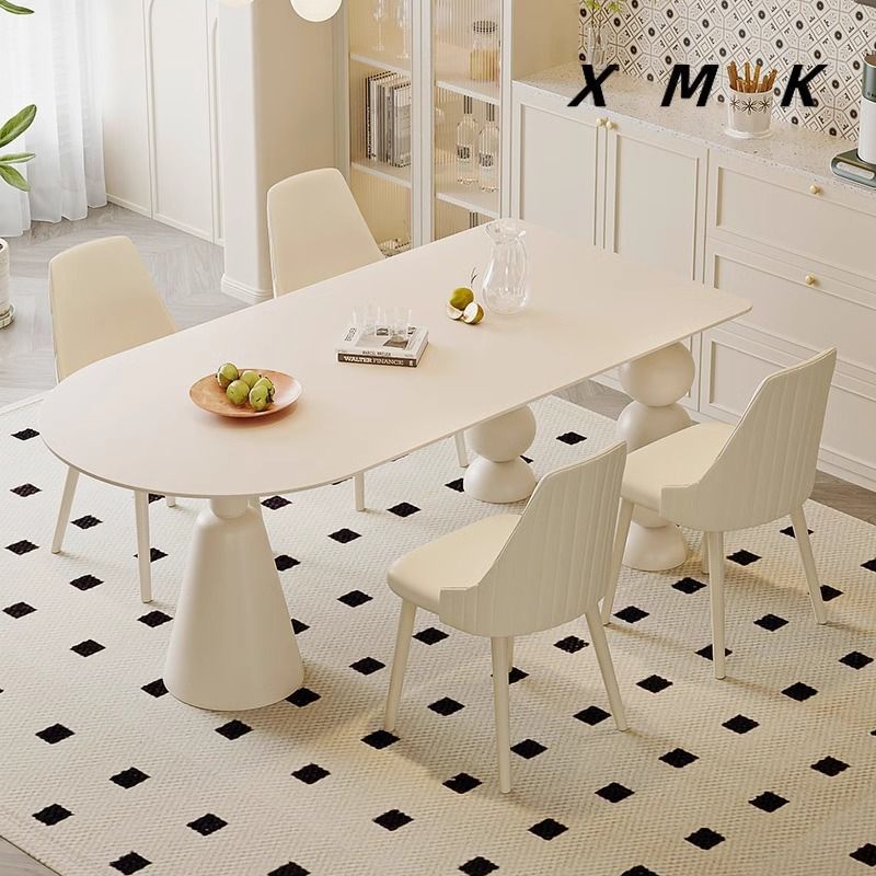 Slate Dining Table Cream Style Home Small Apartment Modern Simple Island Table Dining Table Integrated Oval Table Dining Table and Chair Combination