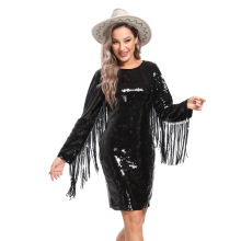 亚马逊爆款亮片流苏连衣裙欧美跨境高档派对舞会修身连衣裙包臀裙