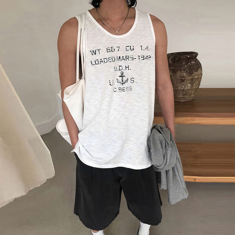 American-Style Anchor Letter Print Sleeveless Vest for Men, Summer Casual Loose Sports Basketball Fitness Sleeveless T-Shirt Trendy American-Style Anchor Letter Print Sleeveless Vest for Men, Summer Casual Loose Sports Basketball Fitness Sleeveless T-Shirt Trendy