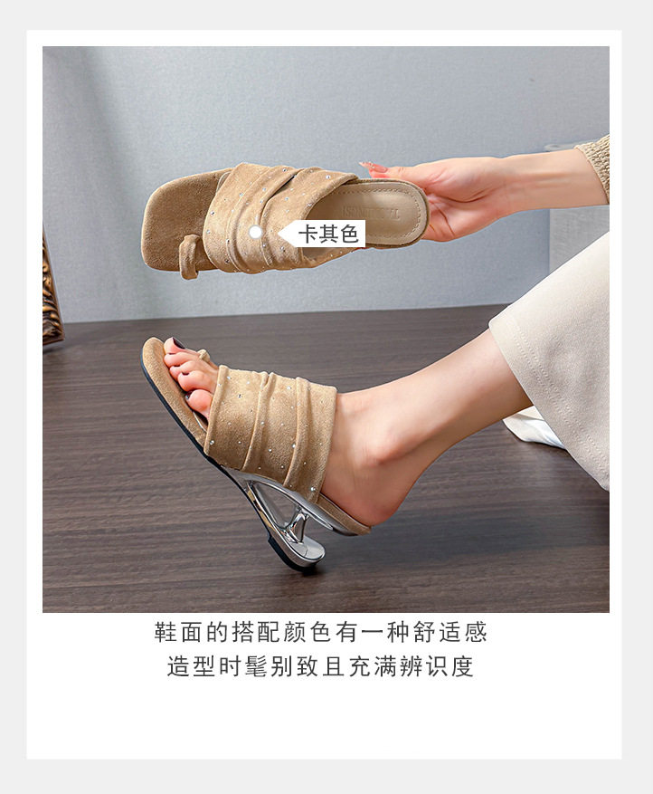 Giày sandal nữ gót 6 cm mũi vuông giấu gót, thiết kế xếp ly chấm bi, gót dị hình — Màu nâu, Màu trắng chi tiết 6