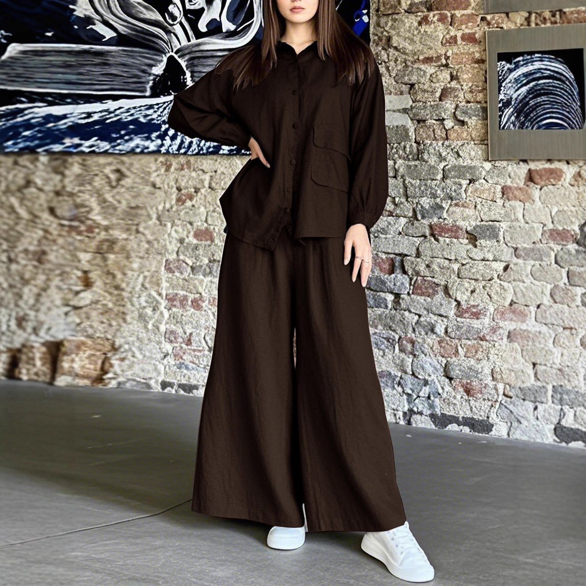 Set van oversized katoenen shirt en wijde broek – Euro-Amerikaanse vintage minimalistische outfit (S-5XL, 7 kleuren, essentieel voor werk en weekend)_voghion.com