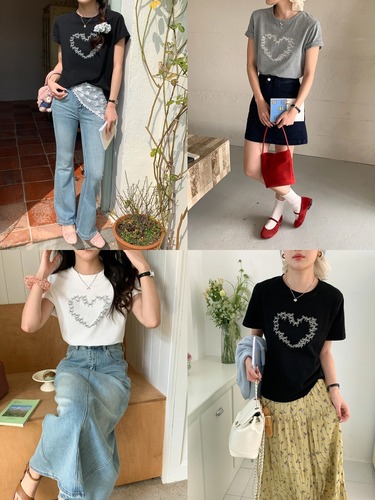 3th Morning Amber Contract Atmosphere Bow Love Print Short Sleeve T-Shirt ZY2777