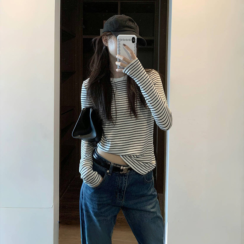 设计感小众条纹长袖T恤女春秋内搭短款打底衫辣妹修身显瘦上衣服|undefined