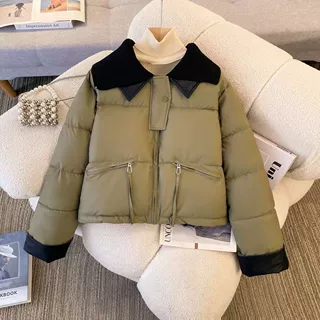 2025新款针织翻领短款羽绒棉服冬季拼接棉衣保暖棉袄加厚外套黑色