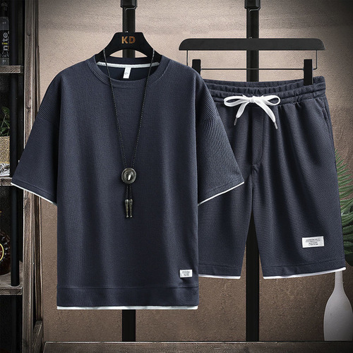 Waffle T-shirt for Men, Short Sleeve, Ice Silk Summer Set, Stylish Casual Sportswear with Thin Pants