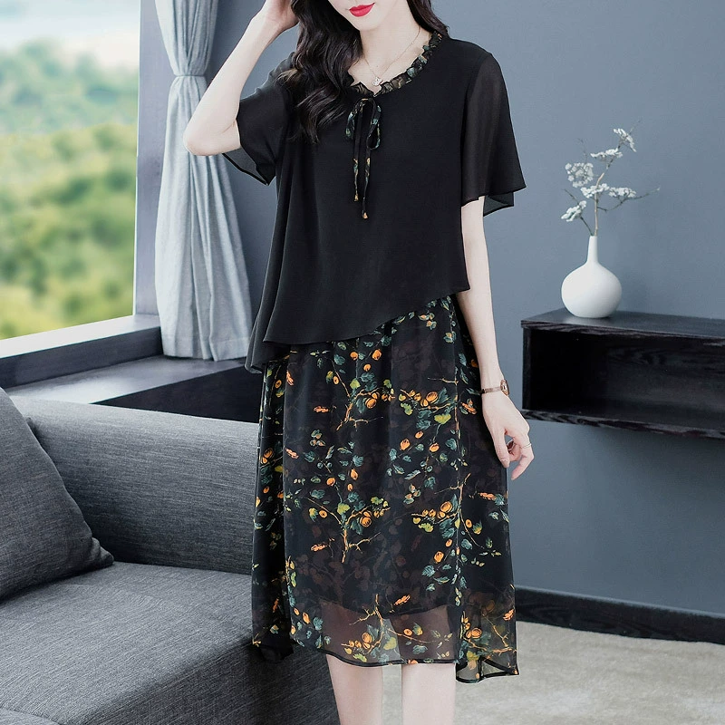 Летнее облегающее шифоновое платье больших размеров с короткими рукавами, имитация двух частей, с прострочкой по краям ушей, свободное облегающее платье с принтом для женщин среднего и пожилого возраста
