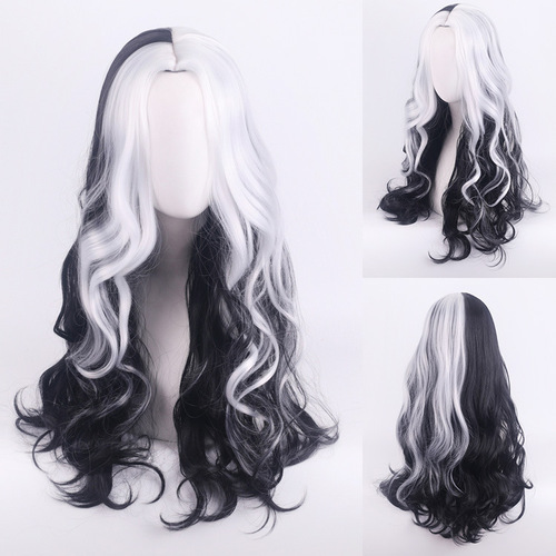 cos wig 101 loyal dog Cruella de Vil black and white witch color matching short curly hair