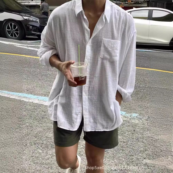 European High-end Cotton and Linen Shirt Men's Skin-friendly Breathable Loose Long-sleeved Thin Sunscreen Tooling Shirt Linen Trendy Shirt
