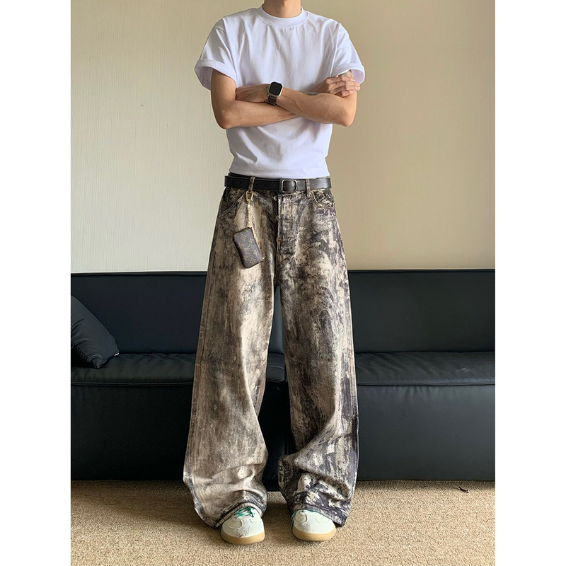 American 3D Digital Camouflage Printed Denim Pants Men's Summer New Loose Old Low Waist Wide Leg Casual Pants
