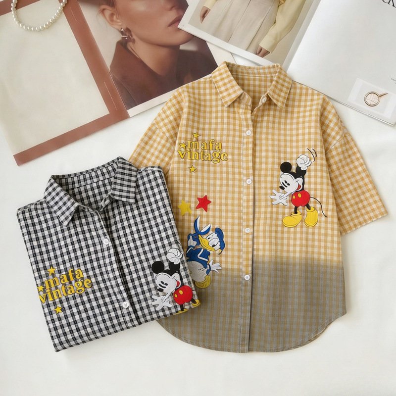 Summer New Style Plaid Short-Sleeved Shirt for Women, Loose Korean Style Embroidered Mickey and Donald Duck Design Casual Top