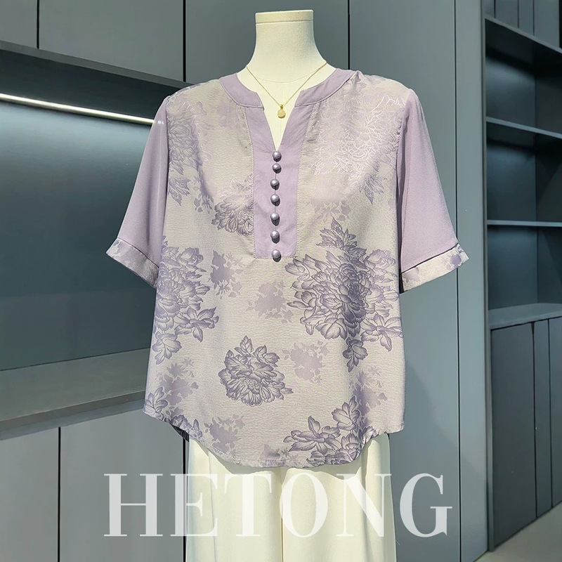 Mom's Summer Silk Short-Sleeve T-Shirt, Chinese Style, Elegant and Fashionable, Middle-Aged and Elderly Women's Blouse, New Chinese Style Top