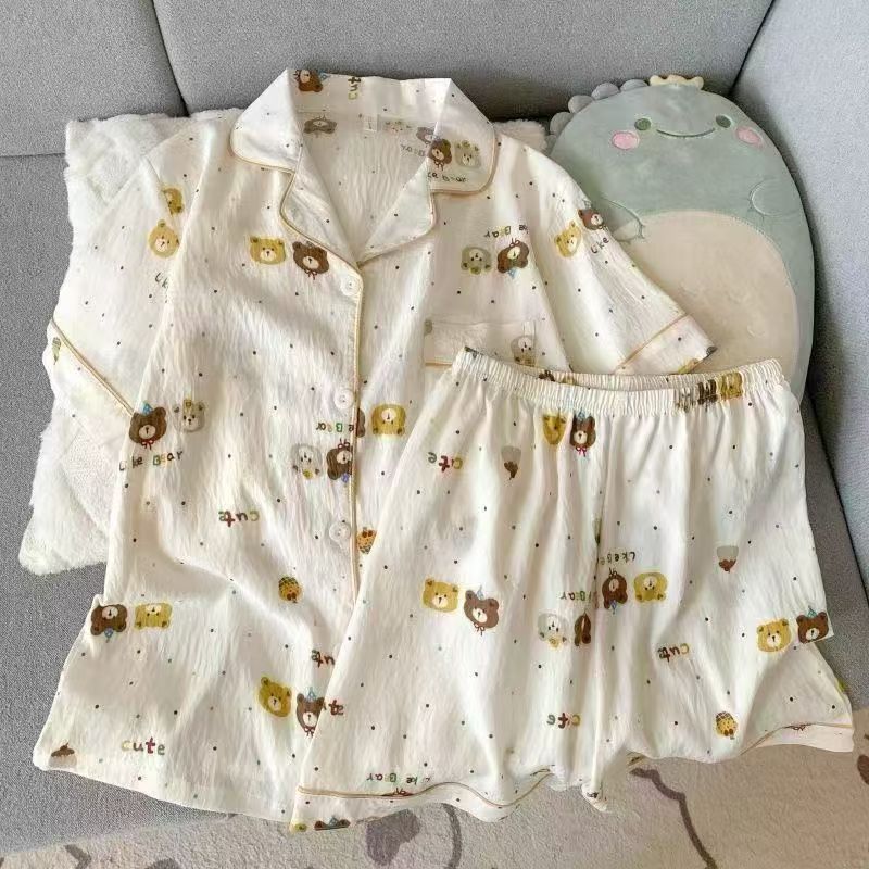Cute punto de onda KT gato nubes pijamas de algodón mujer pantalones cortos de manga corta de verano coreano cuello de dibujos animados set de ropa para el hogar