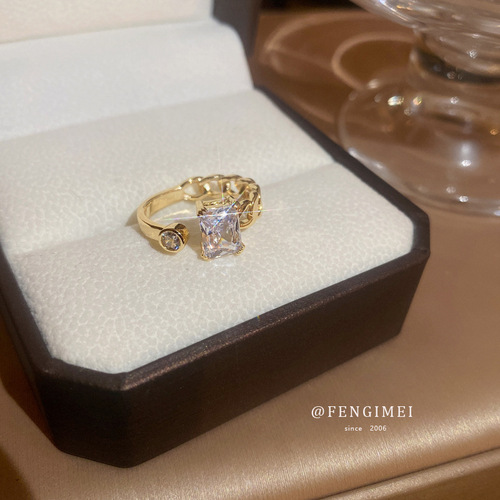 Korean style diamond-encrusted zircon geometric open ring light luxury niche fashion index finger ring internet celebrity versatile hand accessories for women