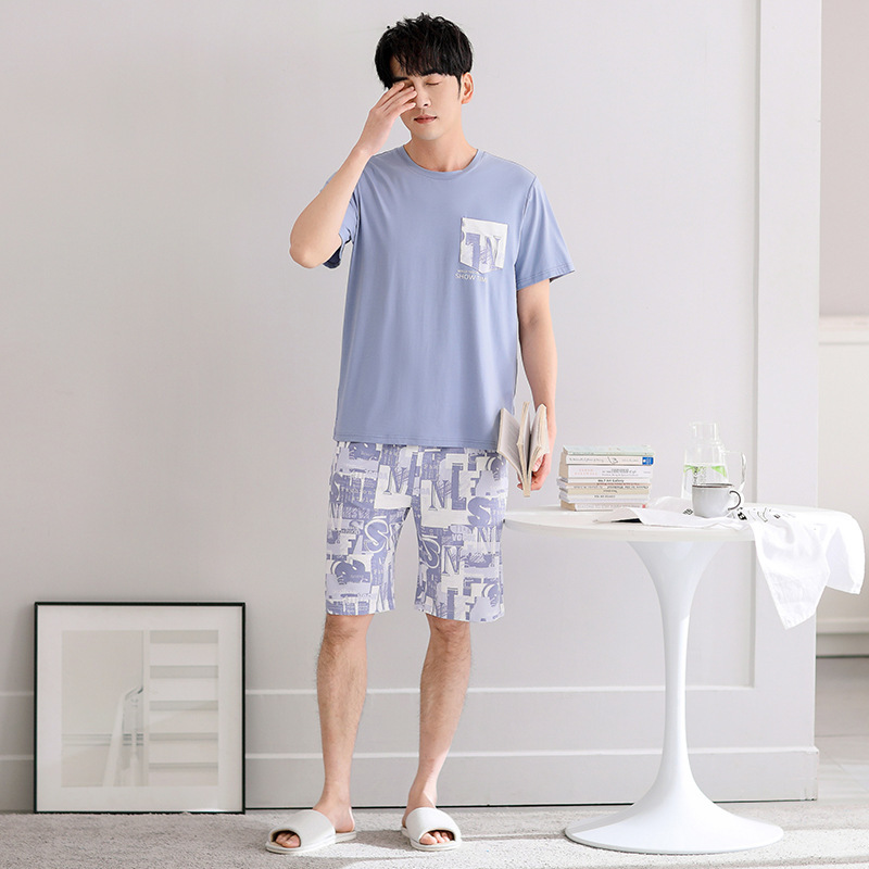 男性パジャマ夏の薄いモデルのモーダル綿の半袖半ズボン男性の家庭服夏の太ったスーツ