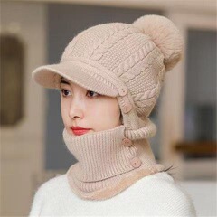 欧美跨境帽子围巾一体女秋冬季针织帽加绒保暖围脖冬天女士毛绒帽