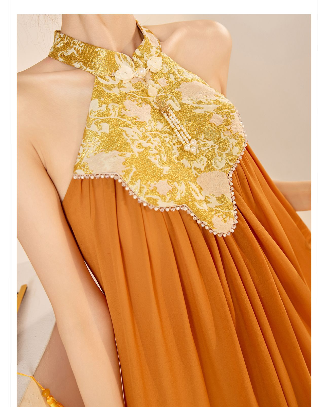 Váy dài cổ qipao thiết kế sang trọng mùa xuân hè — Màu cam, Màu mơ chi tiết 3
