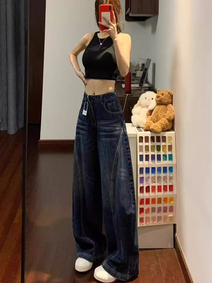 Quần jeans nữ ống cong cạp cao dáng rộng phong cách retro, quần dài có lót lông — Quần đơn màu xanh đậm