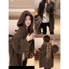 慵懒感软糯连帽毛衣外套女2024秋冬韩系宽松中长版针织外搭大衣厚