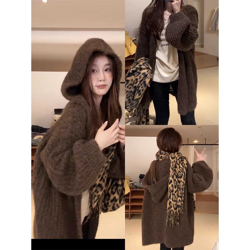 慵懒感软糯连帽毛衣外套女2024秋冬韩系宽松中长版针织外搭大衣厚