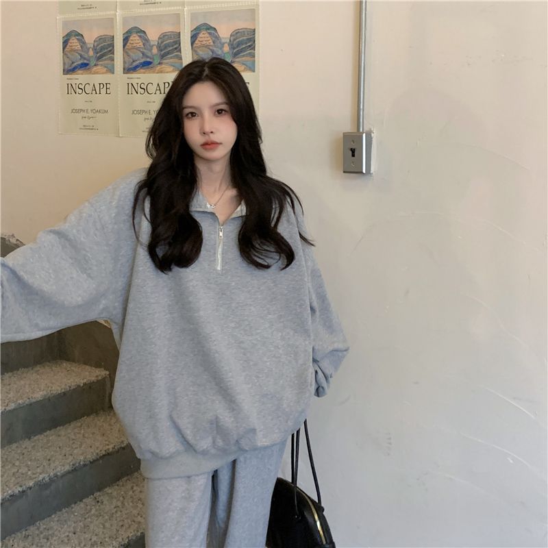 Women's half-zip sweatshirt, mid-length polo shirt, stylish lapel, gray long-sleeved oversized loose fit.