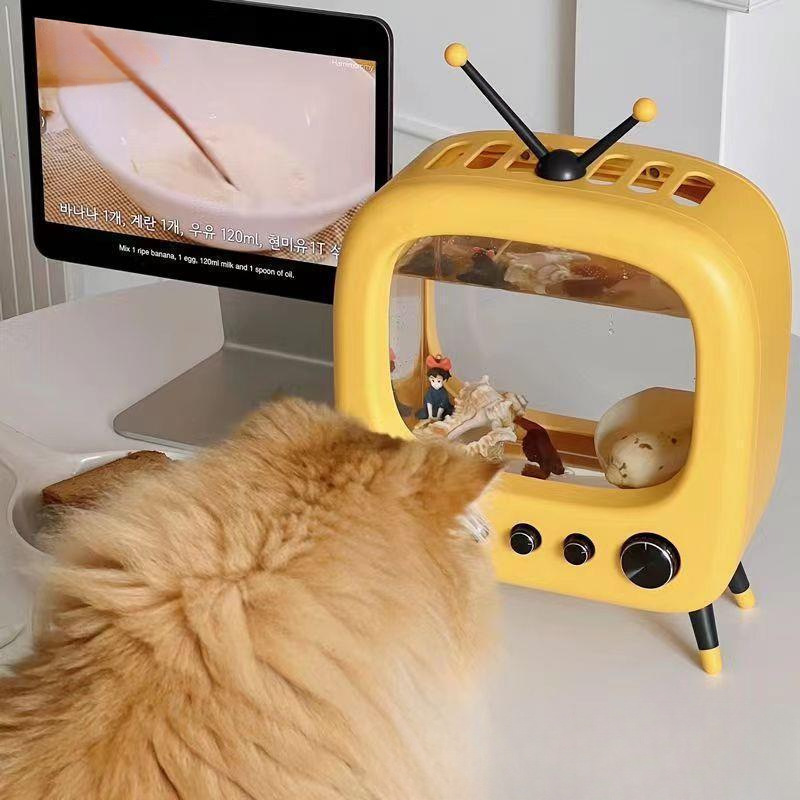 デスクトップ小型水槽レトロ子猫テレビ水槽マイクロ風景生態学的なベタリボンリビングルーム造園水|undefined