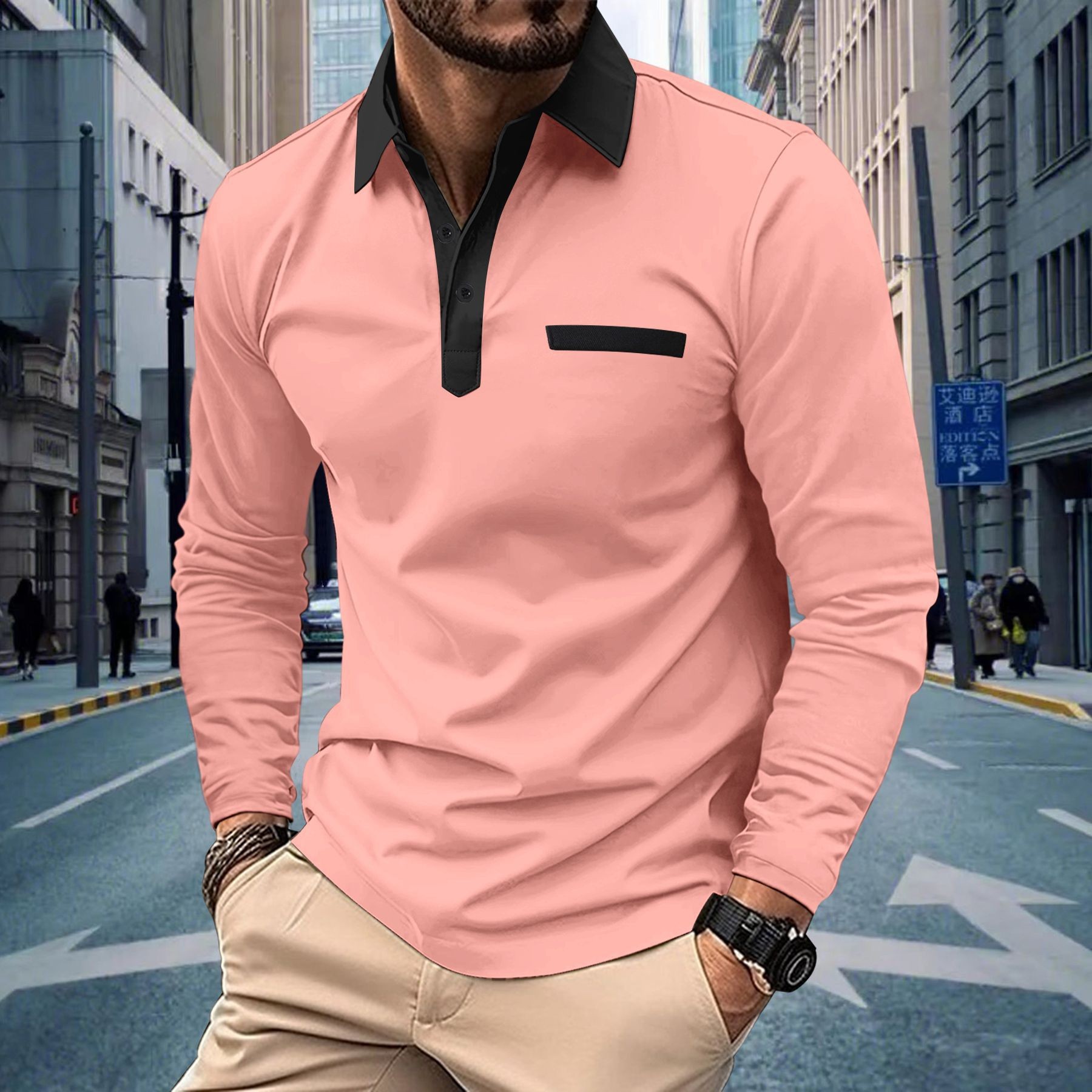 Herren Langarm Poloshirt Mit Button-down-kragen Und Color-block_voghion.com