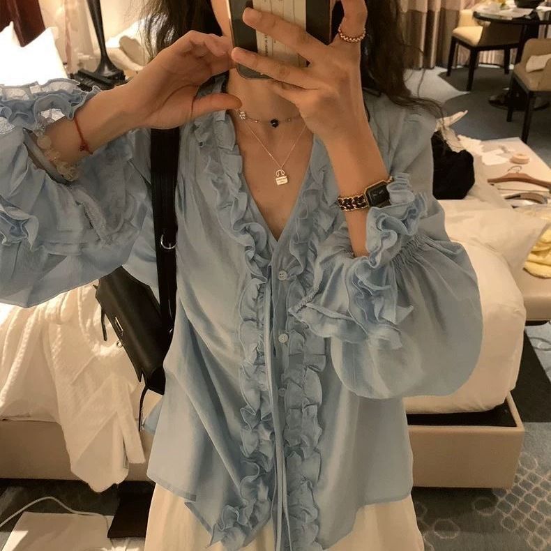 韩系春秋甜美衬衫女重工2025新款洋气减龄衬衣宽松显瘦边上衣|undefined