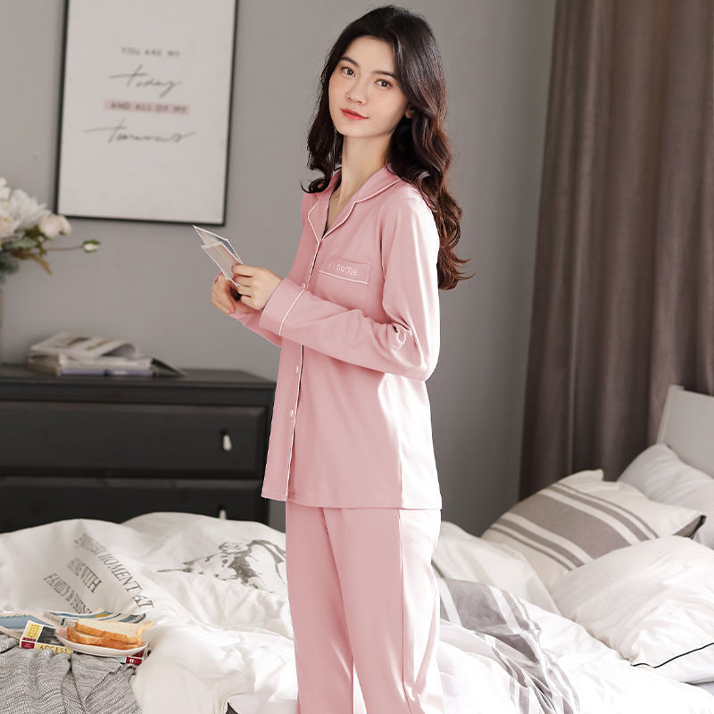 Pijamas de algodón para mujeres primavera y otoño de manga larga moda cardigan juvenil de mediana edad set de ropa casera casual se puede usar fuera